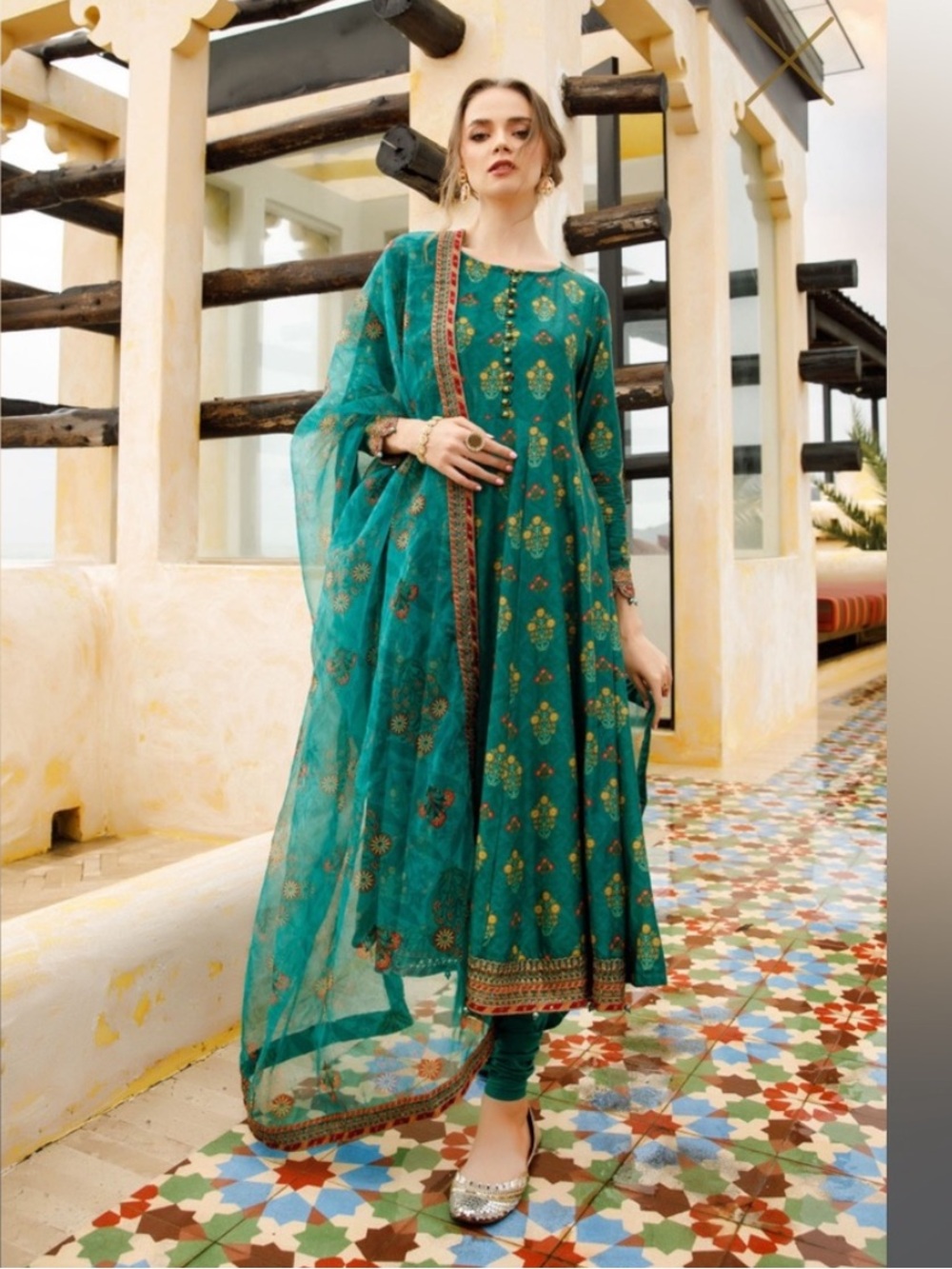Maria. B. Green Embroidered Anarkali Suit with Matching Dupatta